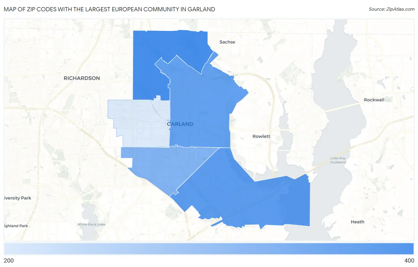Zip Codes with the Largest European Community in Garland Map