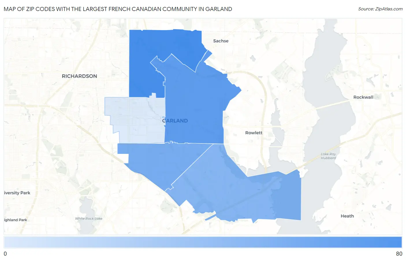 Zip Codes with the Largest French Canadian Community in Garland Map