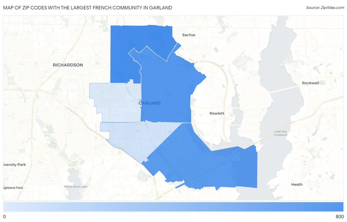 Zip Codes with the Largest French Community in Garland Map