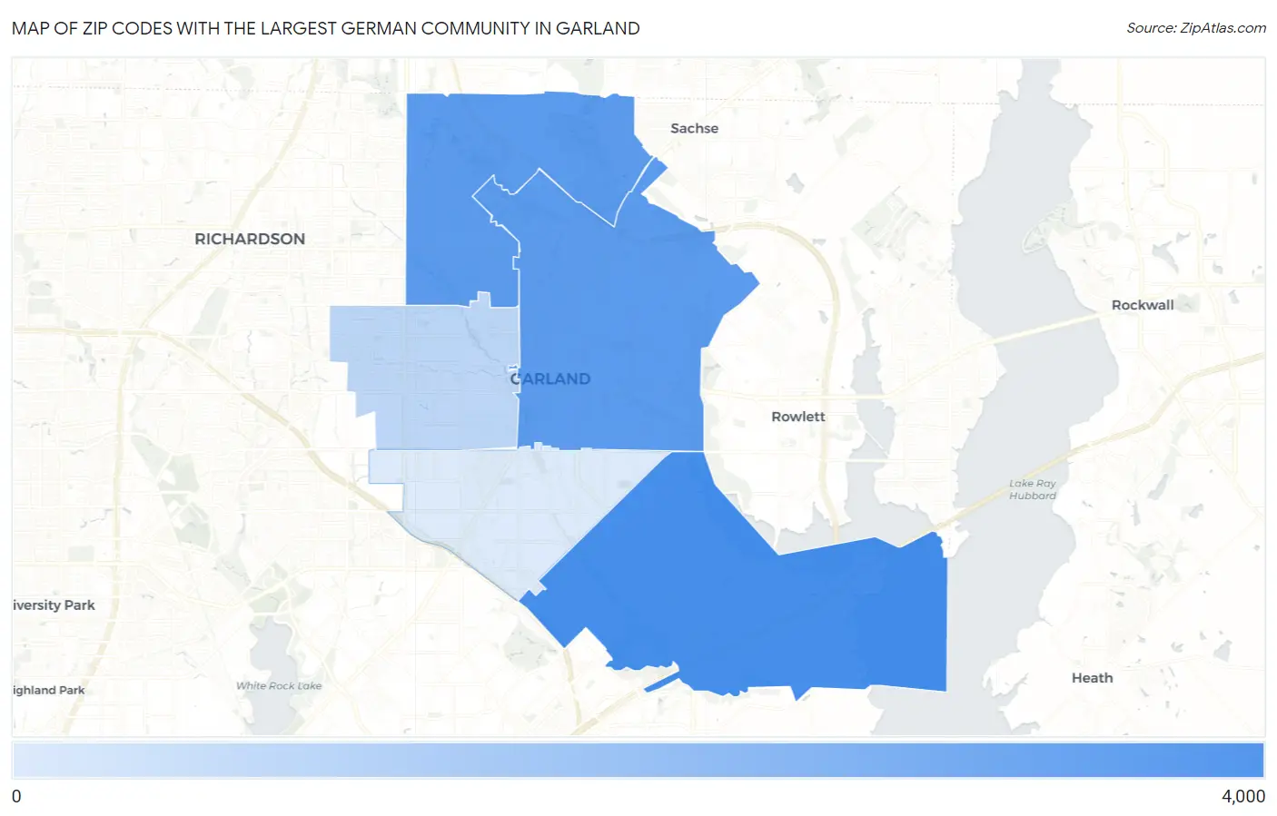 Zip Codes with the Largest German Community in Garland Map