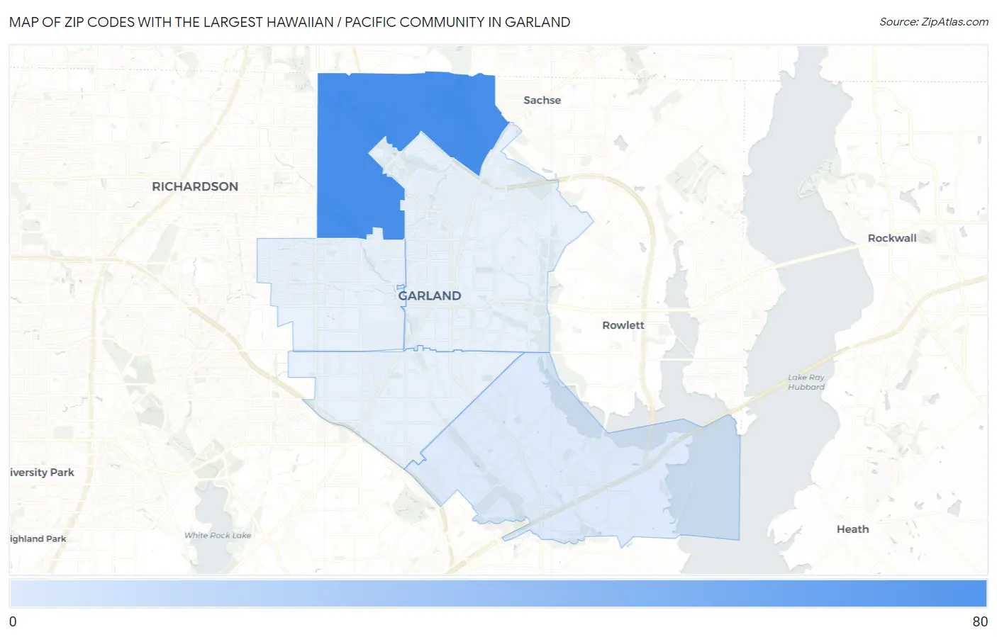 Zip Codes with the Largest Hawaiian / Pacific Community in Garland Map