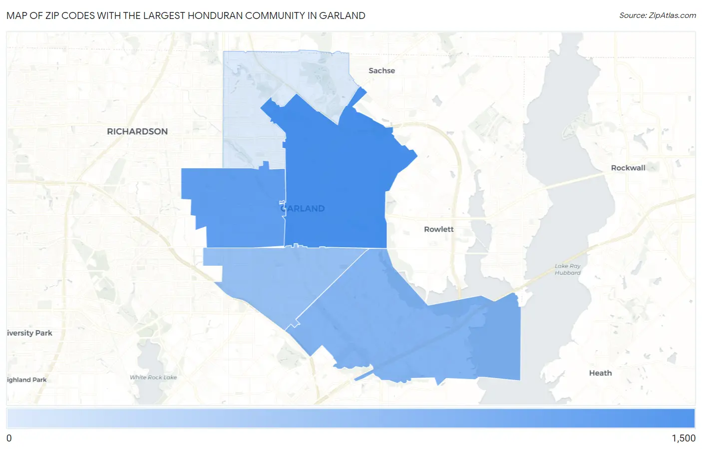 Zip Codes with the Largest Honduran Community in Garland Map