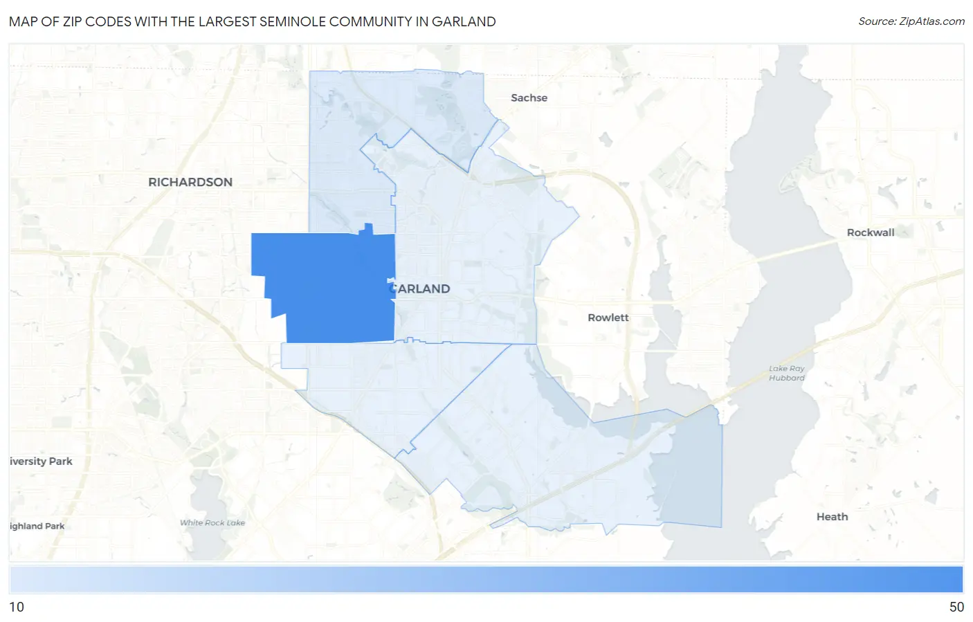 Zip Codes with the Largest Seminole Community in Garland Map