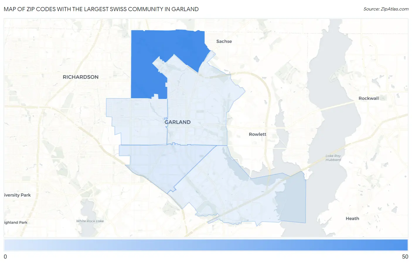 Zip Codes with the Largest Swiss Community in Garland Map