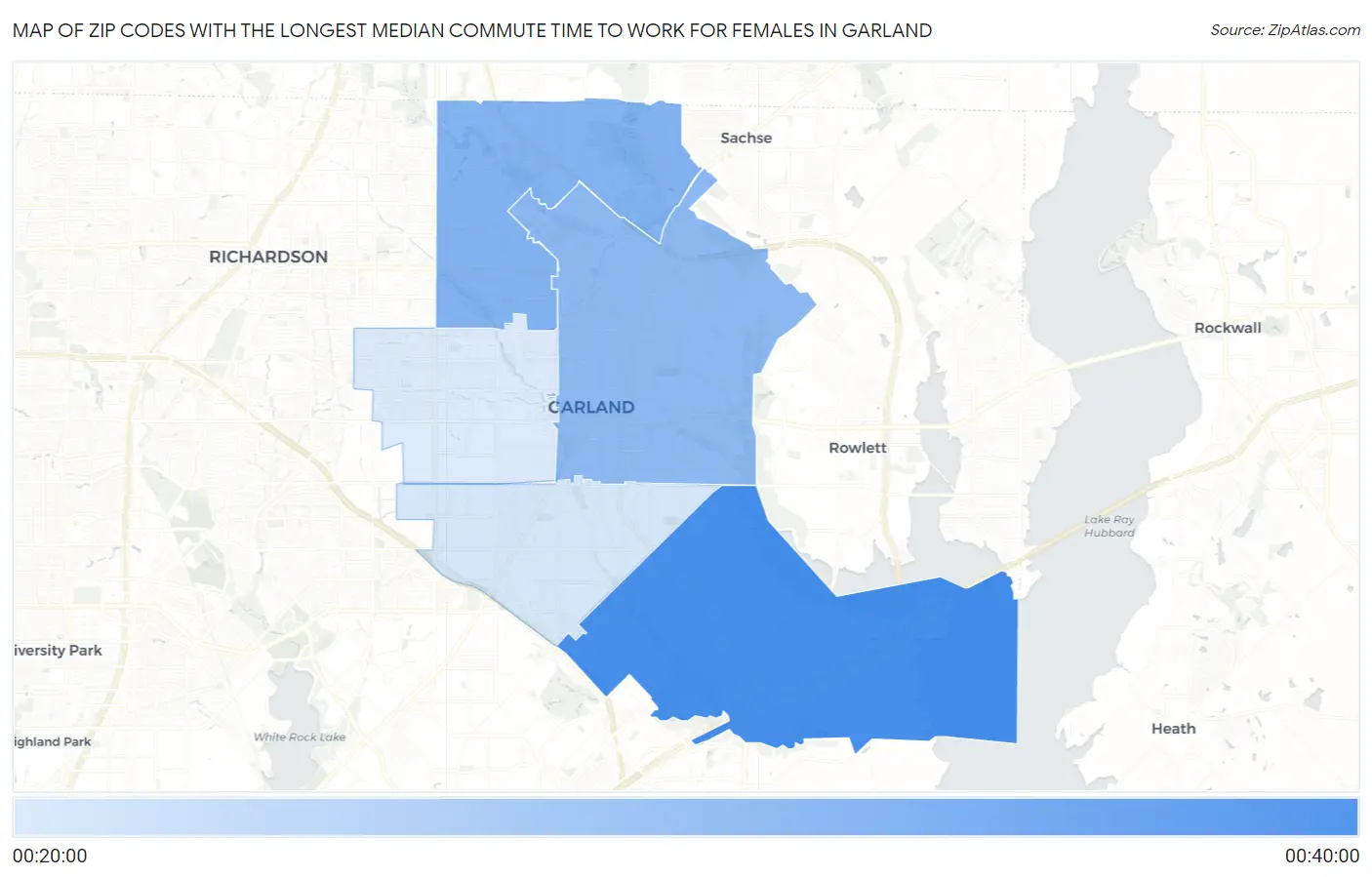 Zip Codes with the Longest Median Commute Time to Work for Females in Garland Map
