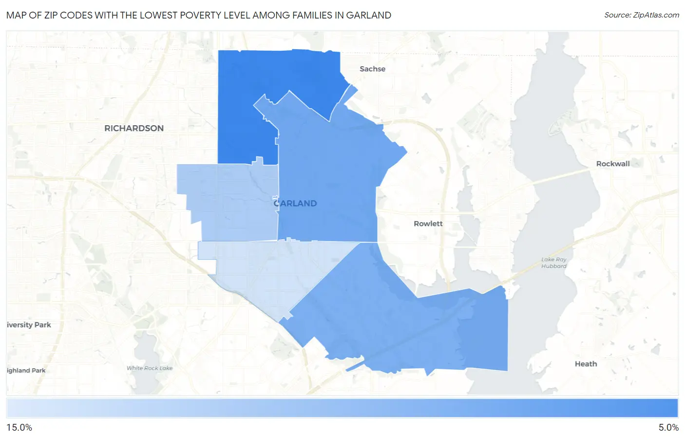 Zip Codes with the Lowest Poverty Level Among Families in Garland Map