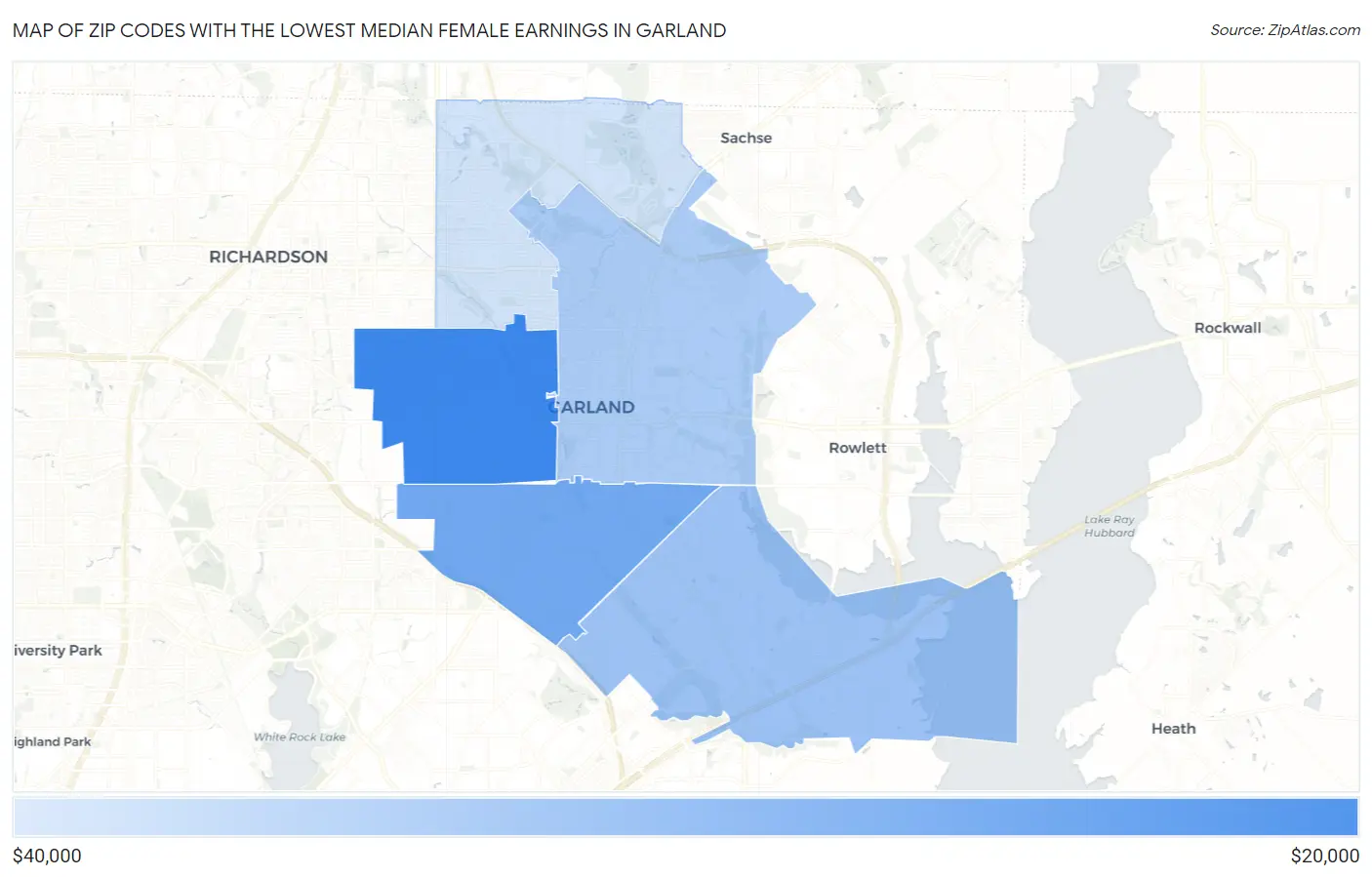 Zip Codes with the Lowest Median Female Earnings in Garland Map