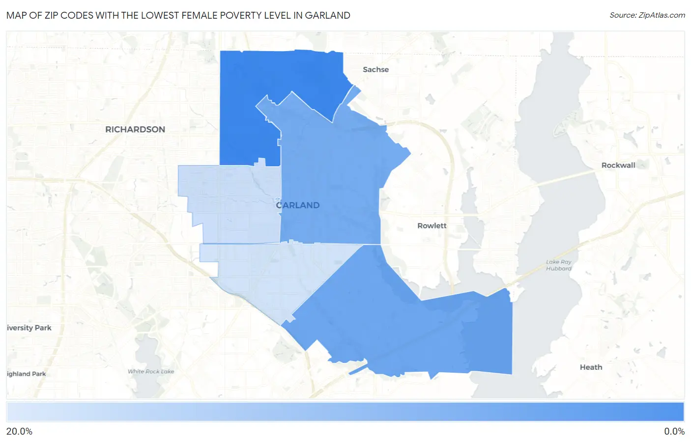 Zip Codes with the Lowest Female Poverty Level in Garland Map