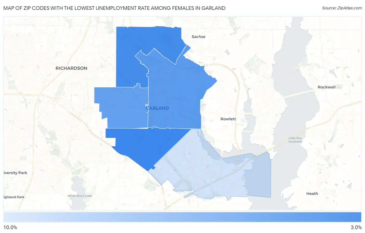 Zip Codes with the Lowest Unemployment Rate Among Females in Garland Map
