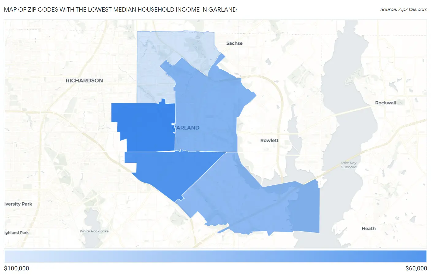 Zip Codes with the Lowest Median Household Income in Garland Map