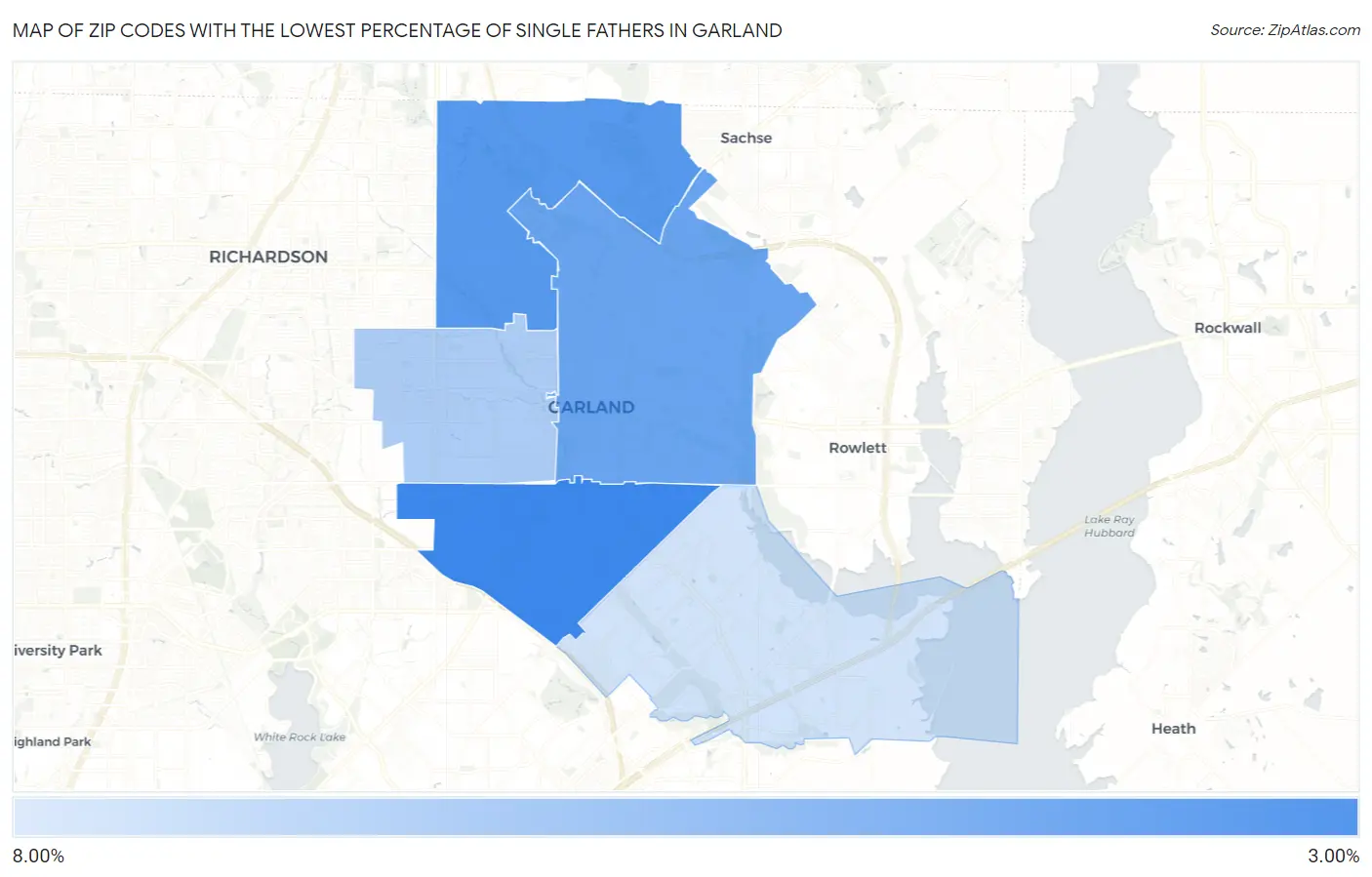Zip Codes with the Lowest Percentage of Single Fathers in Garland Map