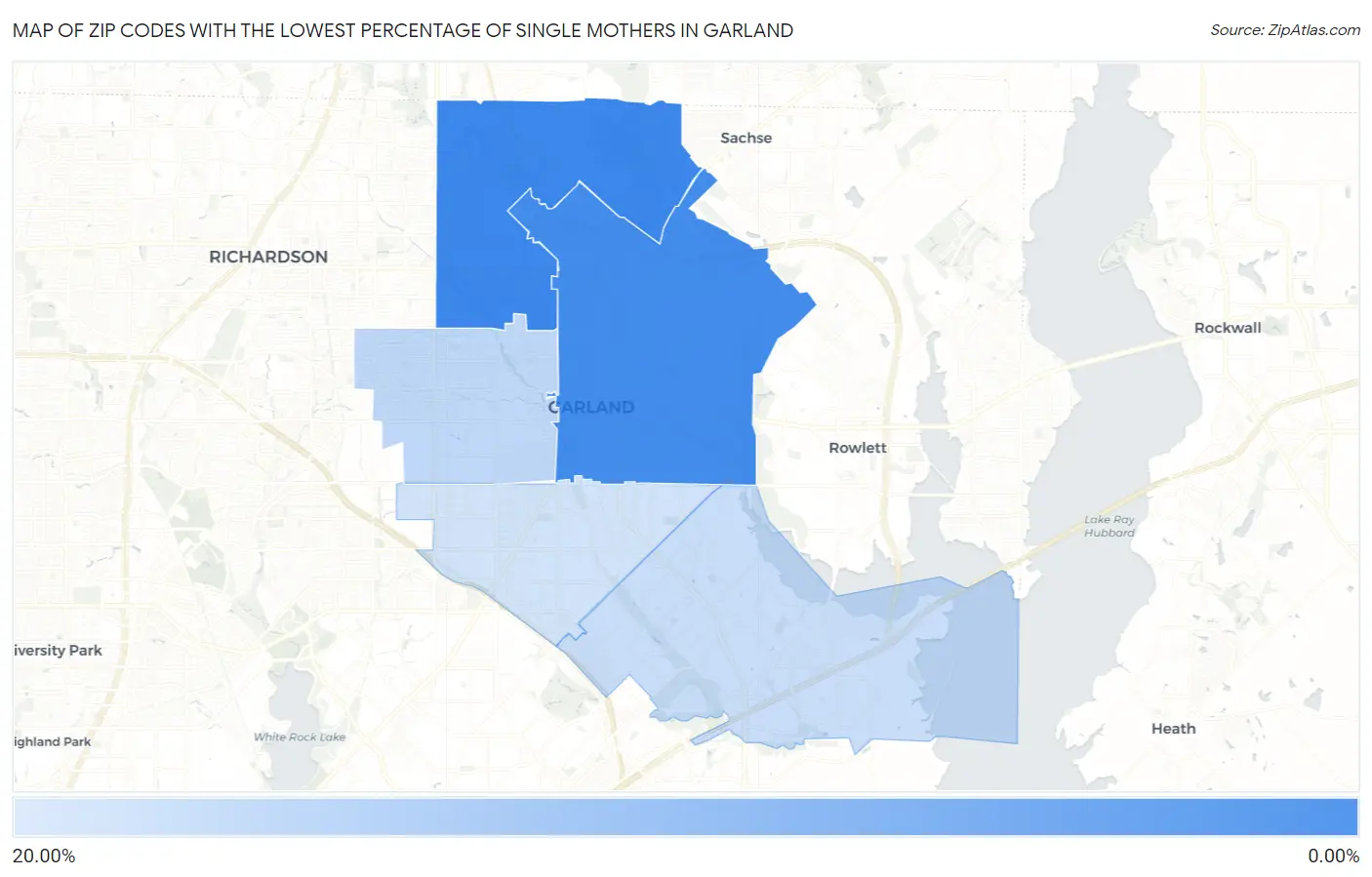 Zip Codes with the Lowest Percentage of Single Mothers in Garland Map
