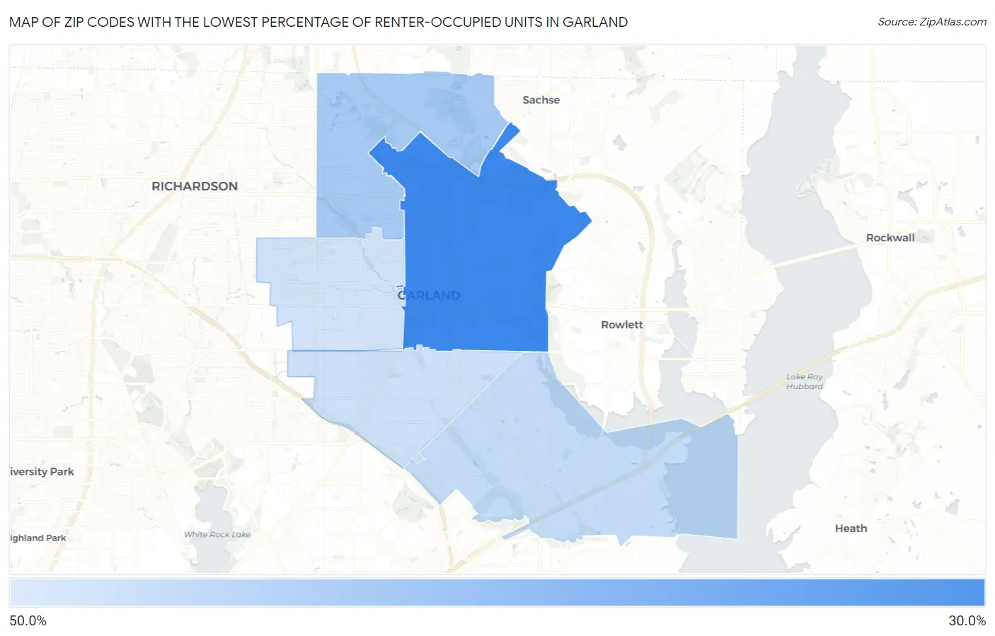 Zip Codes with the Lowest Percentage of Renter-Occupied Units in Garland Map