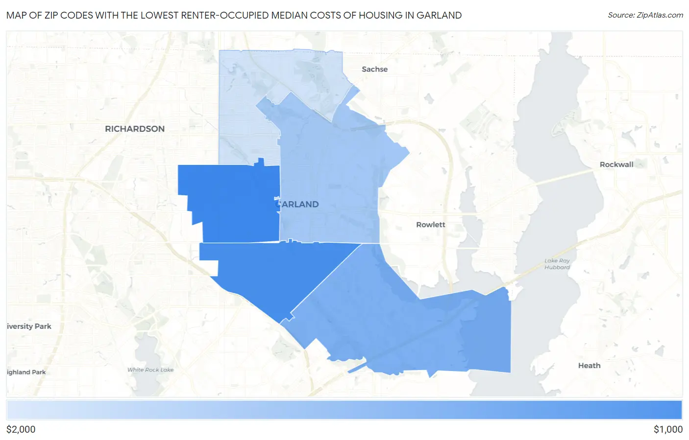 Zip Codes with the Lowest Renter-Occupied Median Costs of Housing in Garland Map