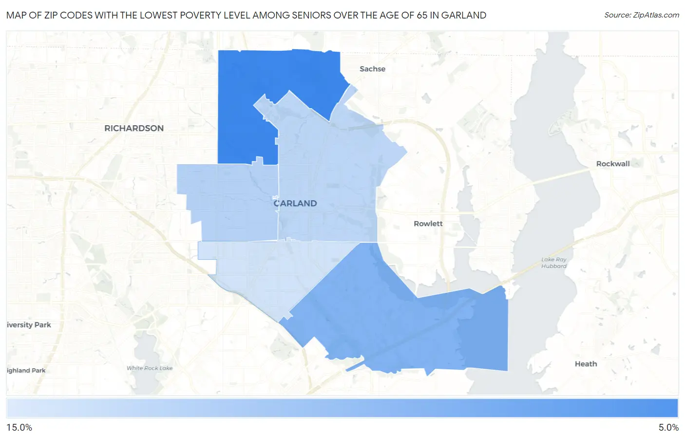 Zip Codes with the Lowest Poverty Level Among Seniors Over the Age of 65 in Garland Map