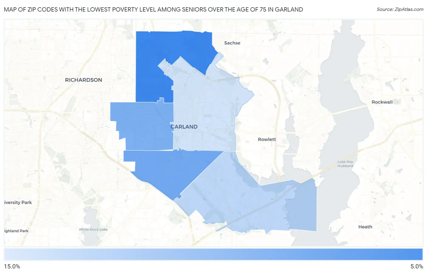 Zip Codes with the Lowest Poverty Level Among Seniors Over the Age of 75 in Garland Map