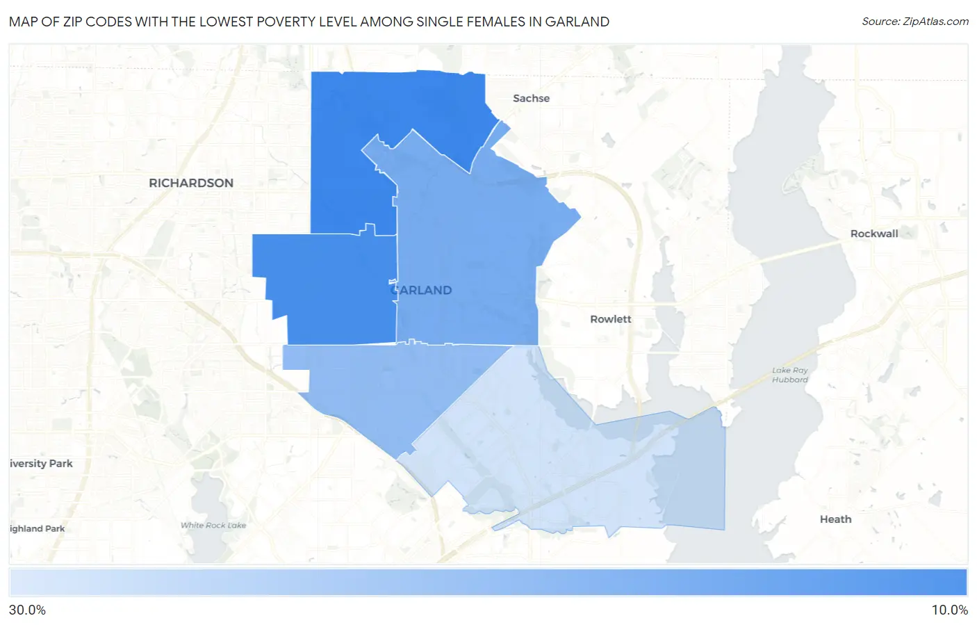 Zip Codes with the Lowest Poverty Level Among Single Females in Garland Map