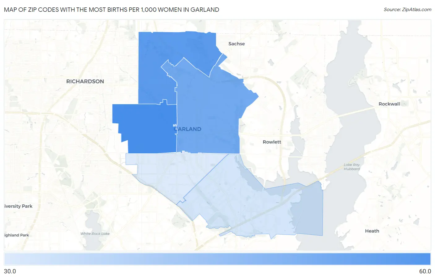 Zip Codes with the Most Births per 1,000 Women in Garland Map