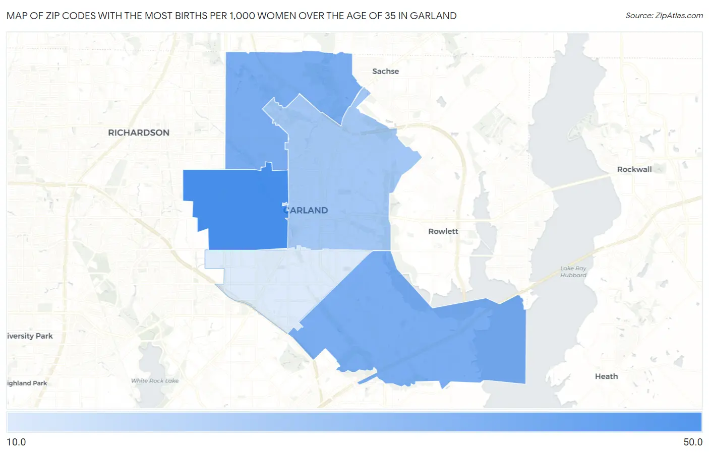 Zip Codes with the Most Births per 1,000 Women Over the Age of 35 in Garland Map