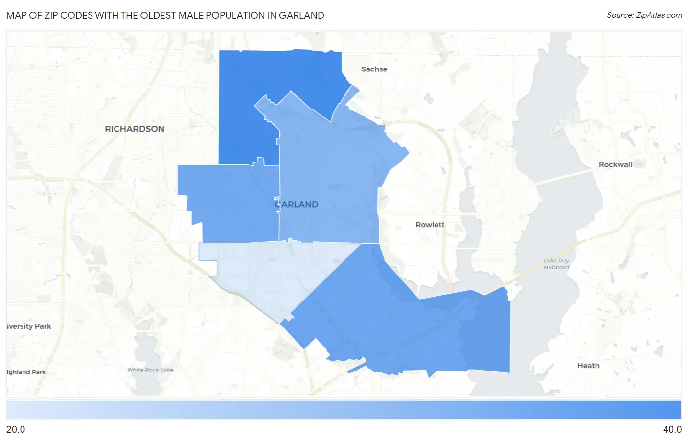 Zip Codes with the Oldest Male Population in Garland Map