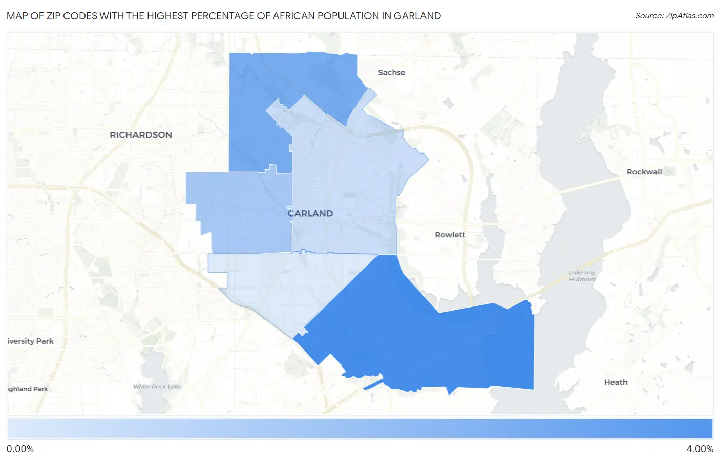 Zip Codes with the Highest Percentage of African Population in Garland Map