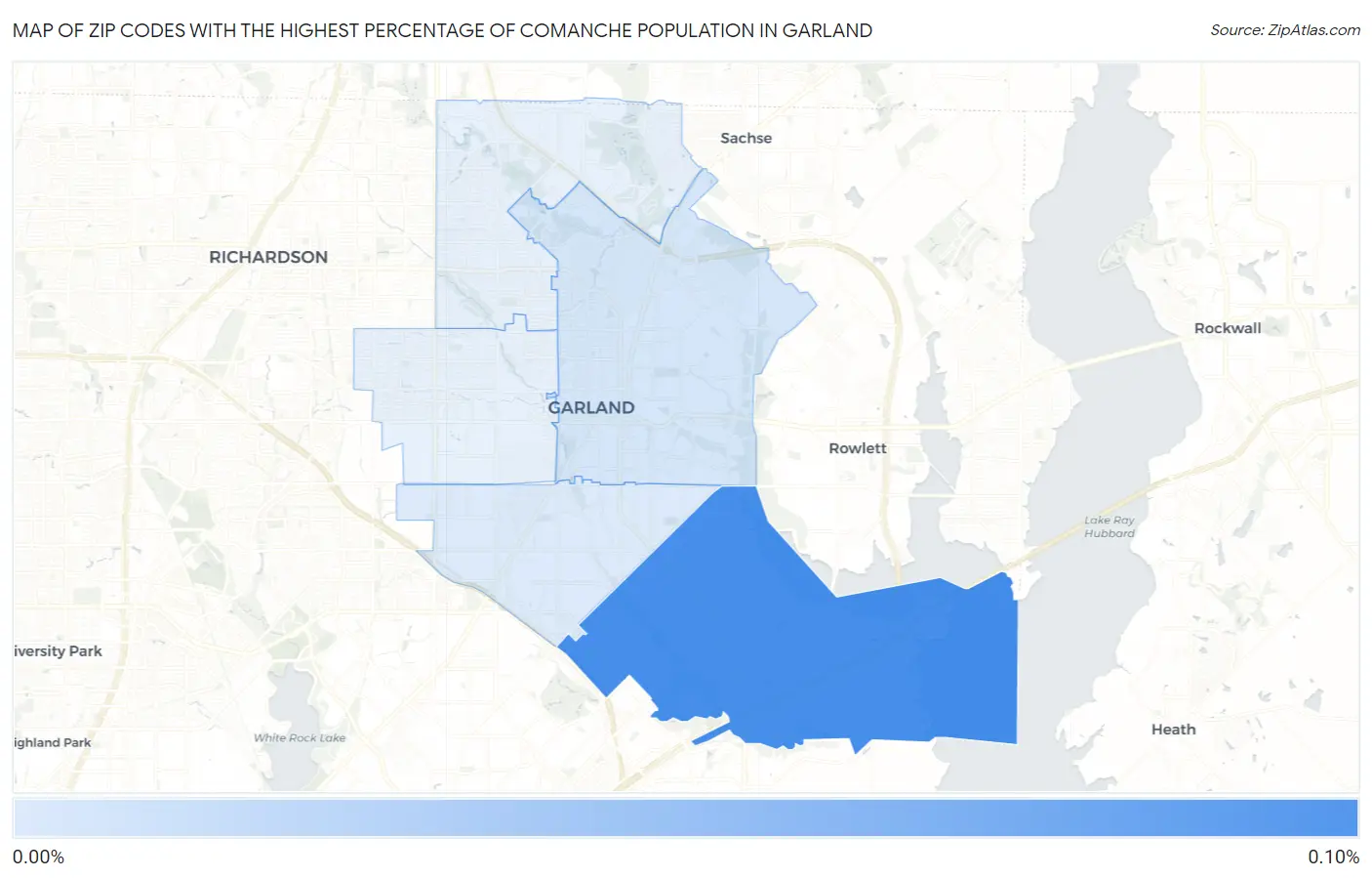 Zip Codes with the Highest Percentage of Comanche Population in Garland Map