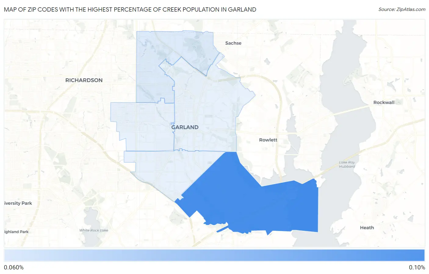 Zip Codes with the Highest Percentage of Creek Population in Garland Map