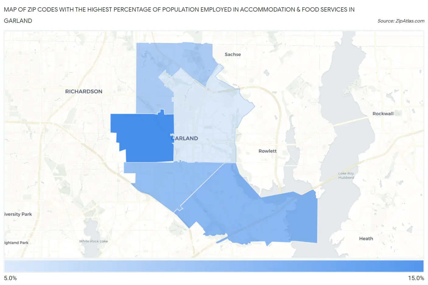 Zip Codes with the Highest Percentage of Population Employed in Accommodation & Food Services in Garland Map