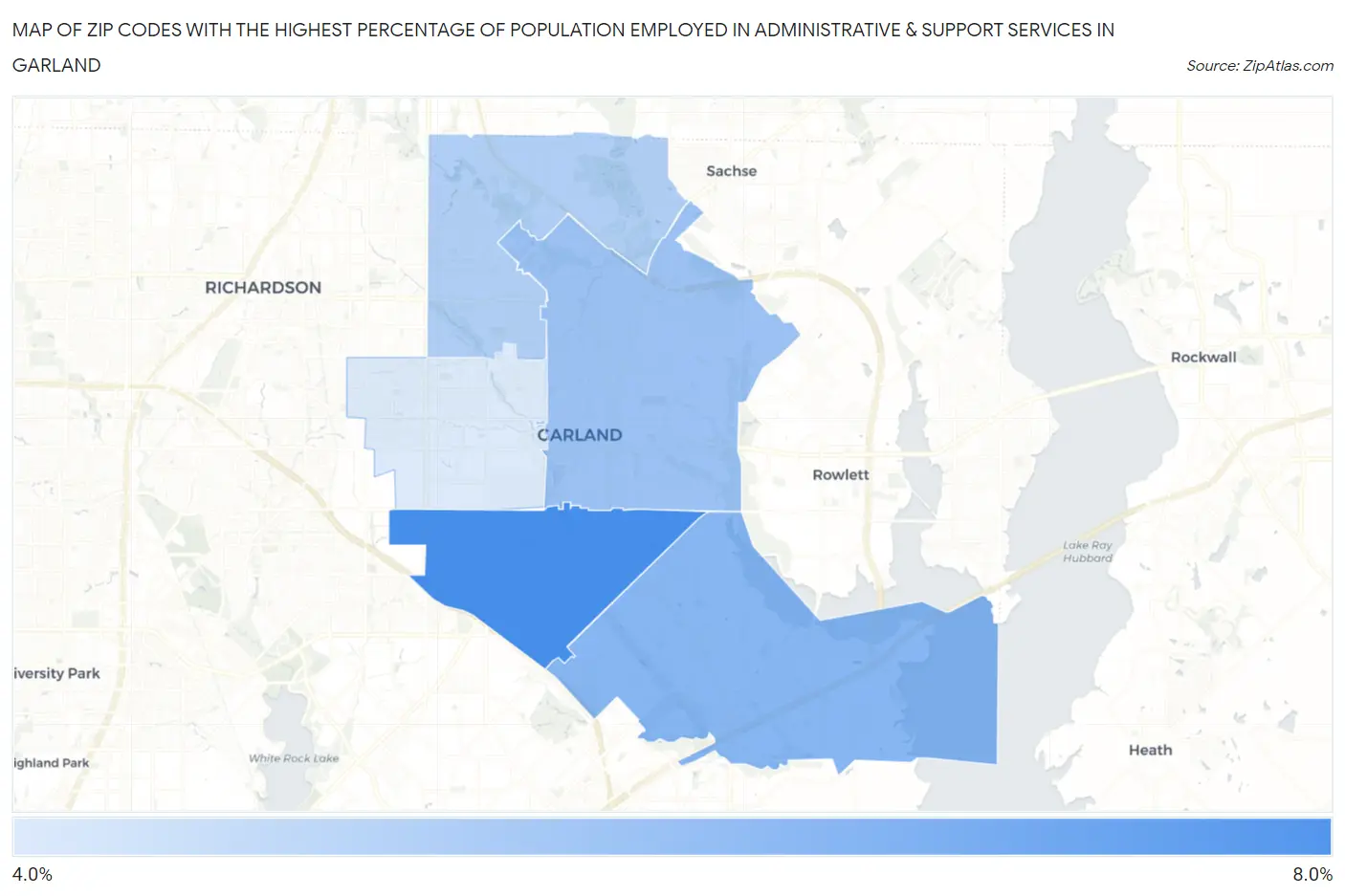 Zip Codes with the Highest Percentage of Population Employed in Administrative & Support Services in Garland Map