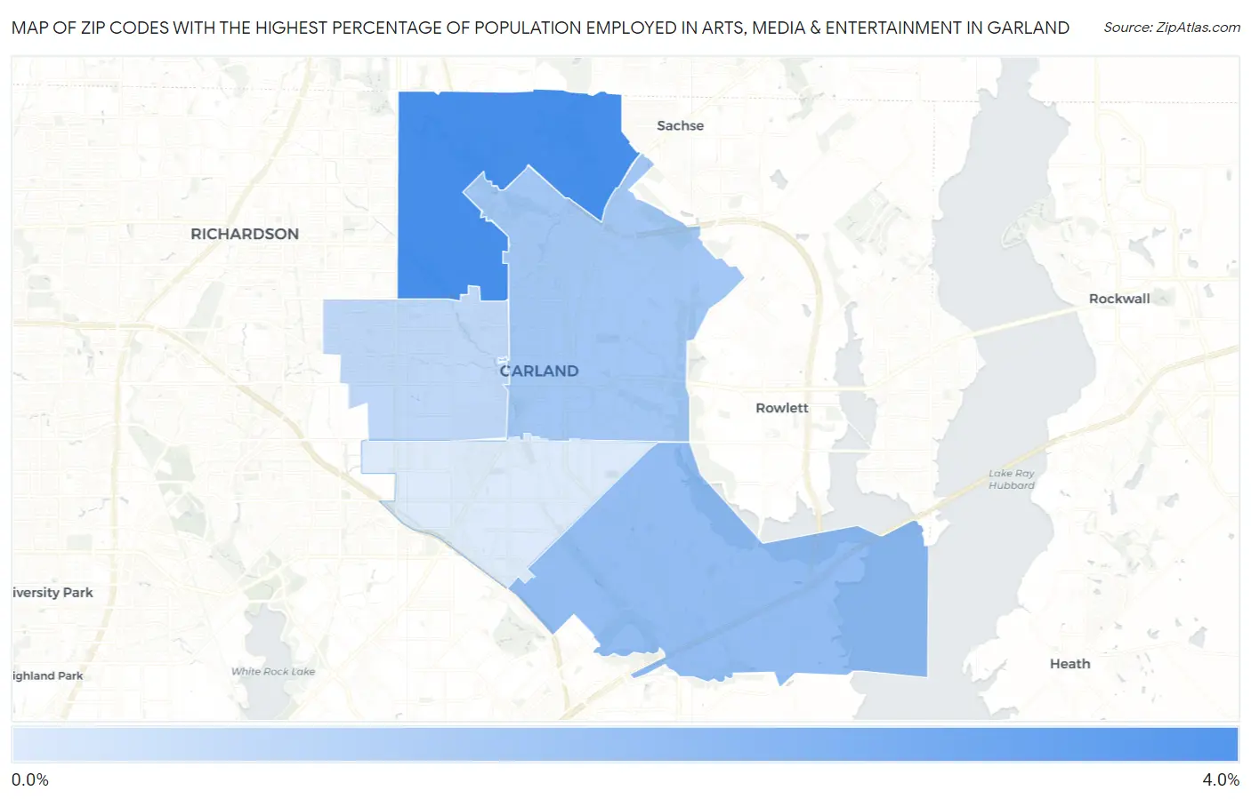 Zip Codes with the Highest Percentage of Population Employed in Arts, Media & Entertainment in Garland Map
