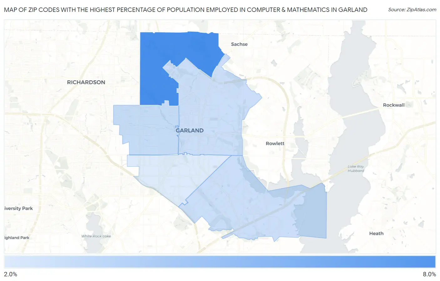 Zip Codes with the Highest Percentage of Population Employed in Computer & Mathematics in Garland Map