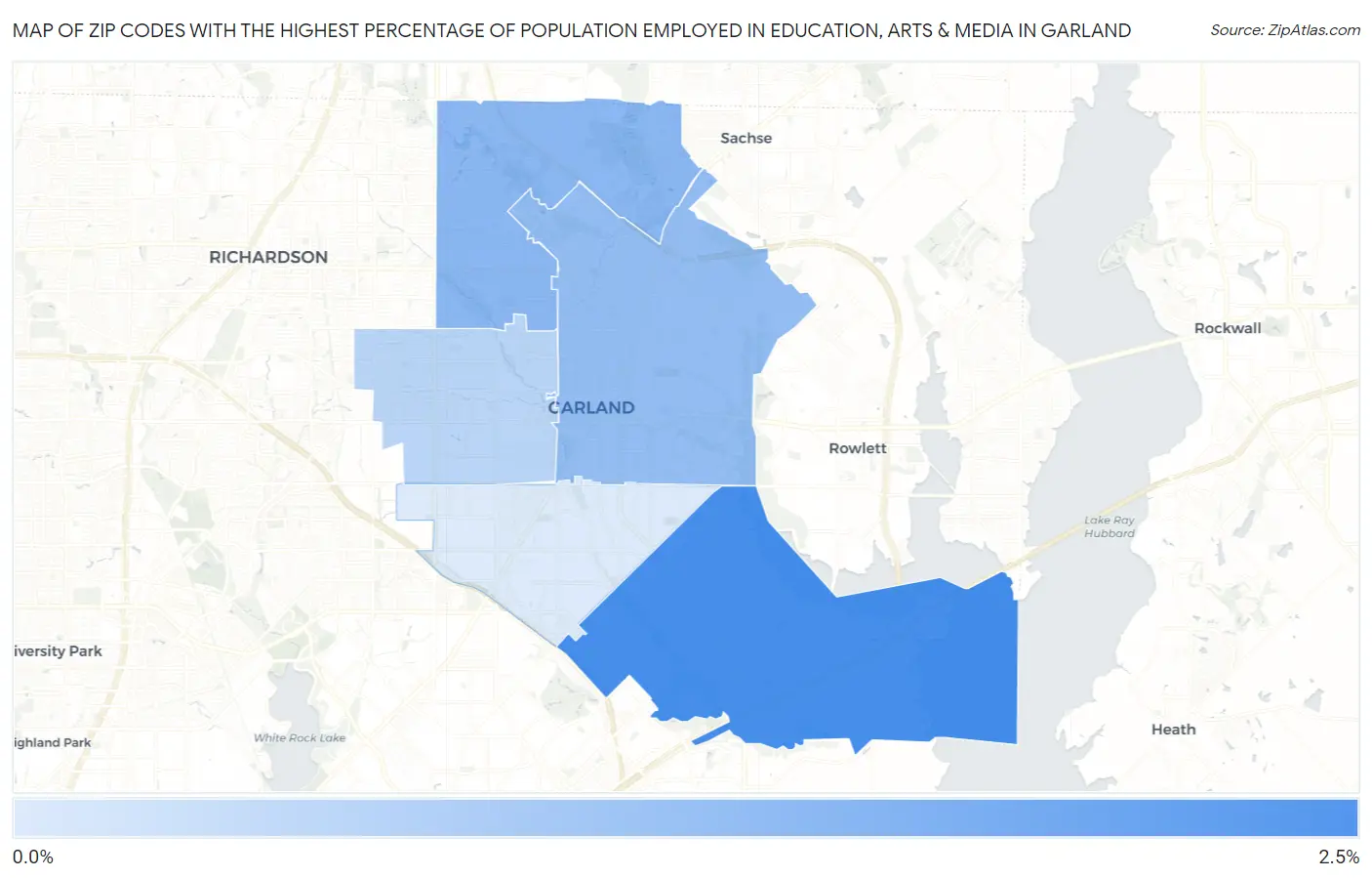 Zip Codes with the Highest Percentage of Population Employed in Education, Arts & Media in Garland Map