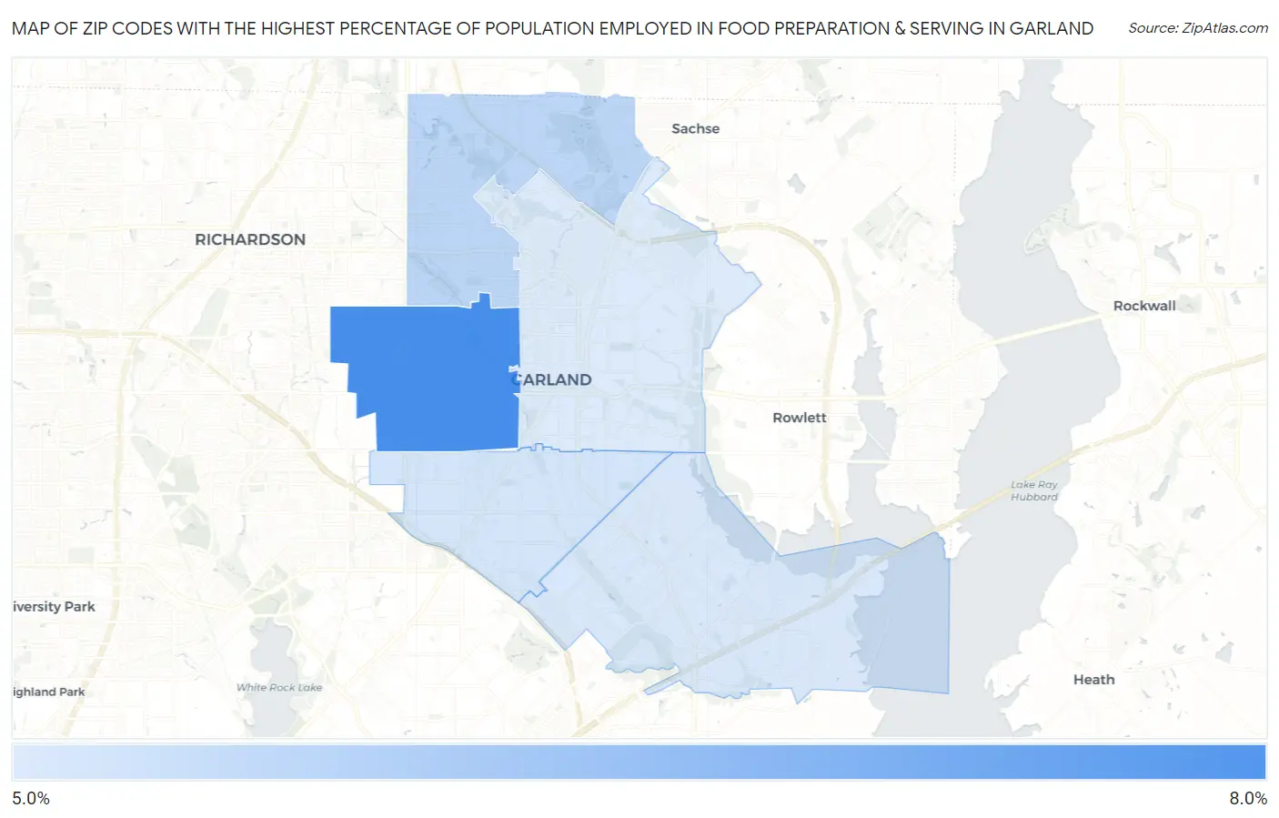 Zip Codes with the Highest Percentage of Population Employed in Food Preparation & Serving in Garland Map