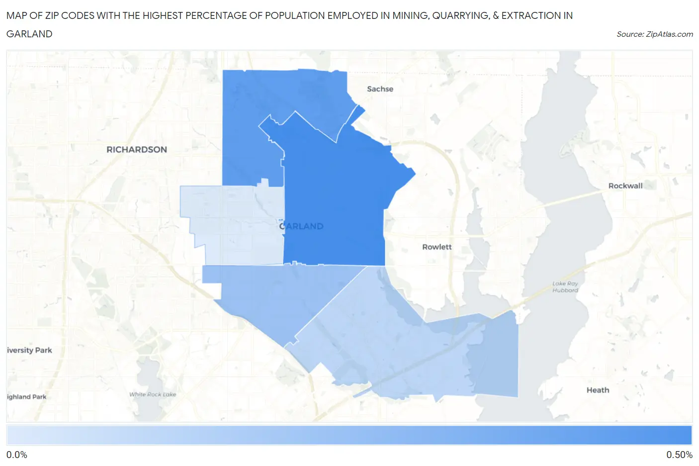 Zip Codes with the Highest Percentage of Population Employed in Mining, Quarrying, & Extraction in Garland Map