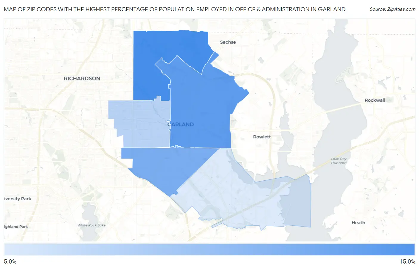 Zip Codes with the Highest Percentage of Population Employed in Office & Administration in Garland Map