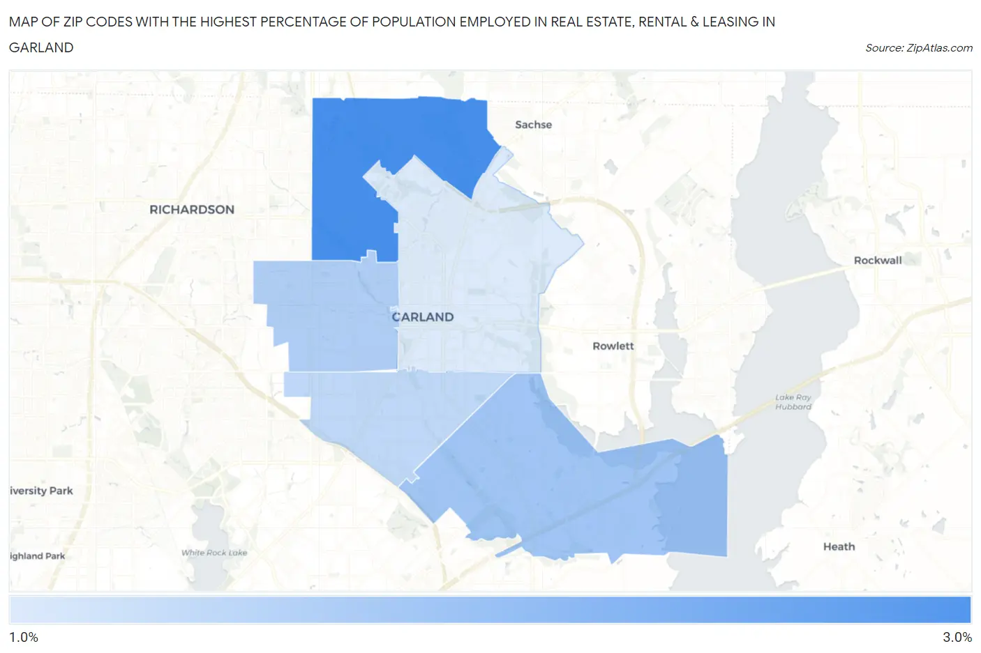Zip Codes with the Highest Percentage of Population Employed in Real Estate, Rental & Leasing in Garland Map
