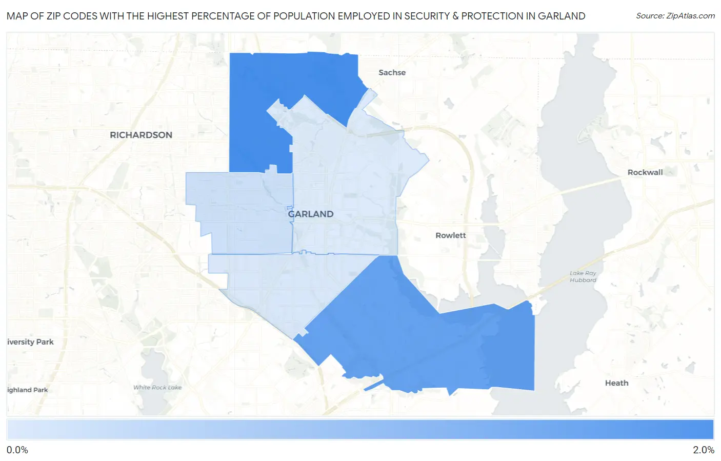 Zip Codes with the Highest Percentage of Population Employed in Security & Protection in Garland Map