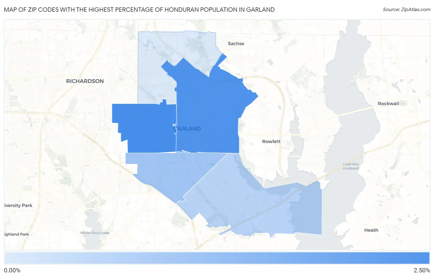 Zip Codes with the Highest Percentage of Honduran Population in Garland Map