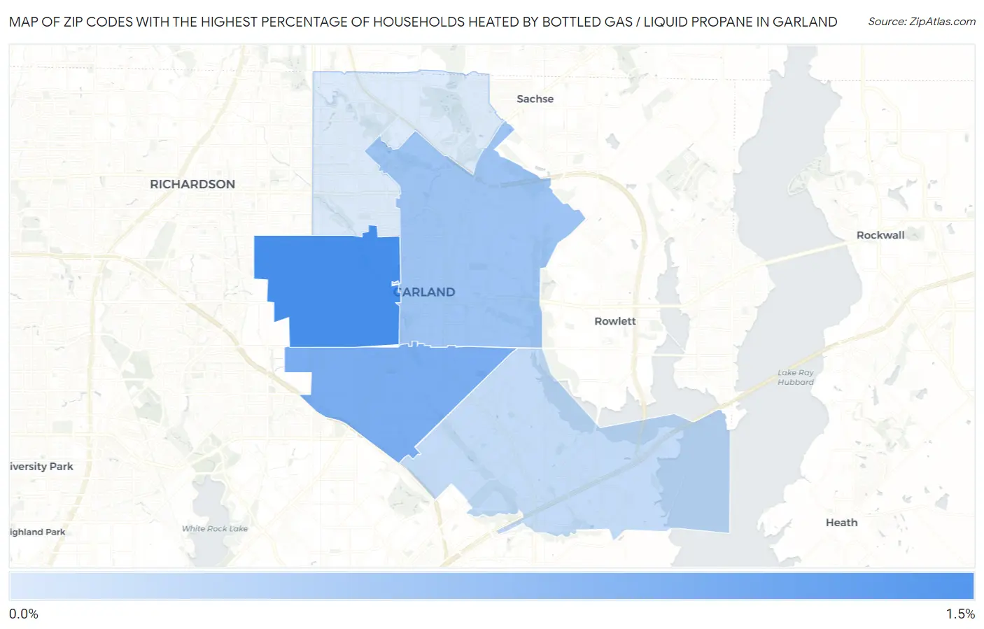 Zip Codes with the Highest Percentage of Households Heated by Bottled Gas / Liquid Propane in Garland Map