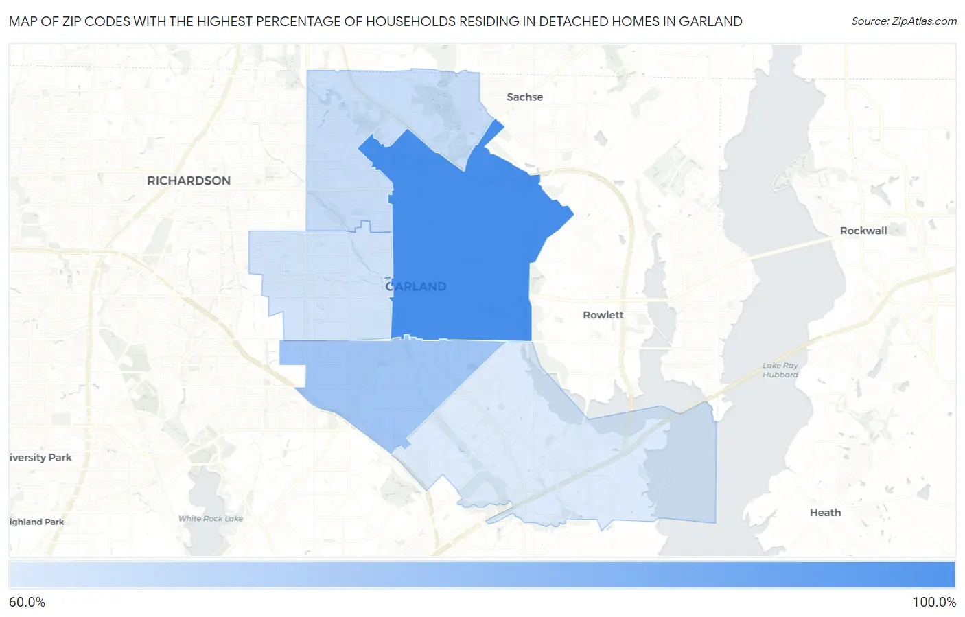 Zip Codes with the Highest Percentage of Households Residing in Detached Homes in Garland Map