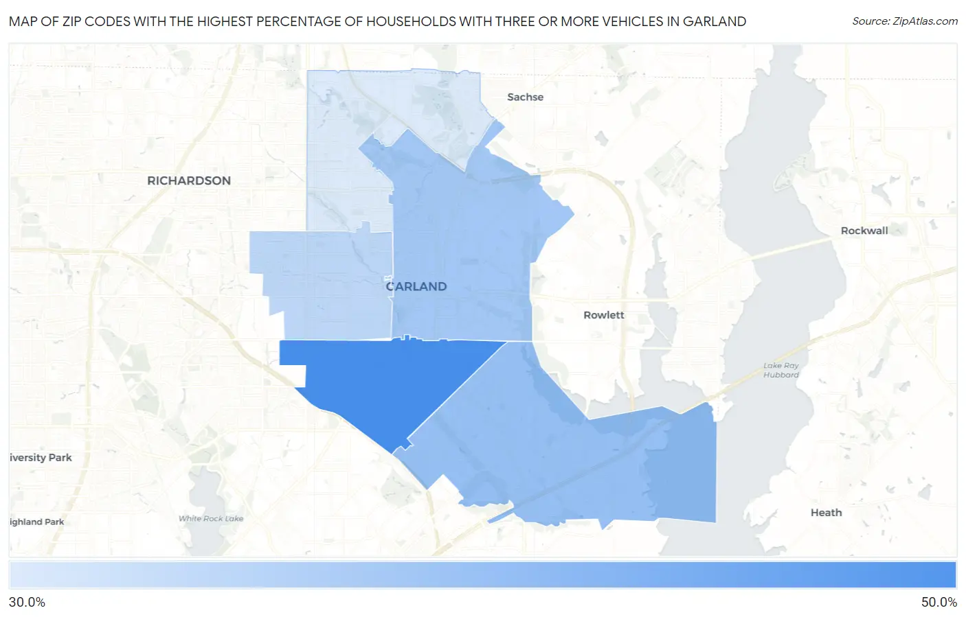 Zip Codes with the Highest Percentage of Households With Three or more Vehicles in Garland Map
