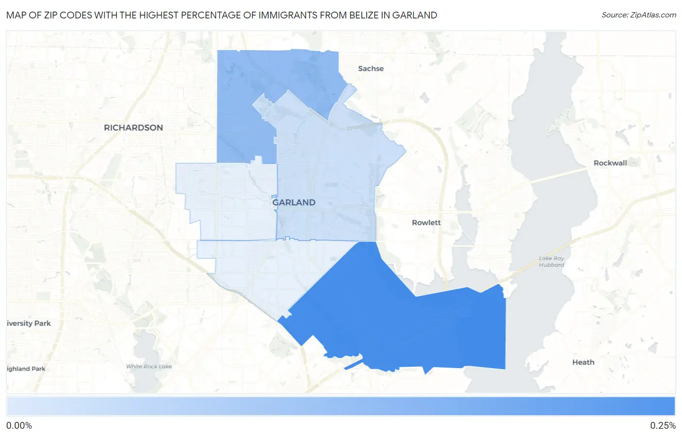 Zip Codes with the Highest Percentage of Immigrants from Belize in Garland Map