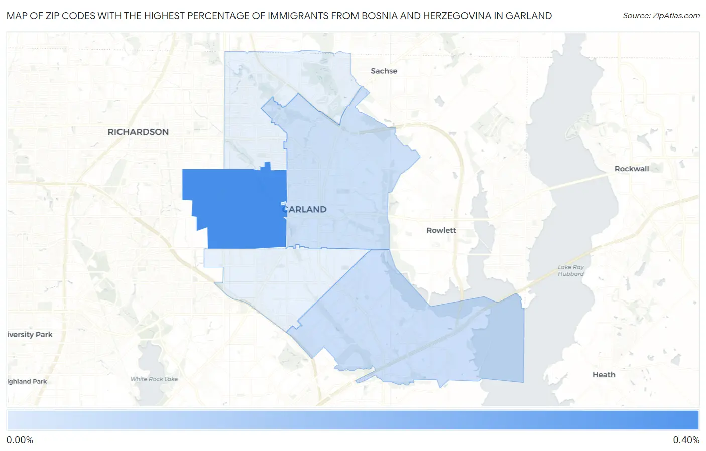 Zip Codes with the Highest Percentage of Immigrants from Bosnia and Herzegovina in Garland Map