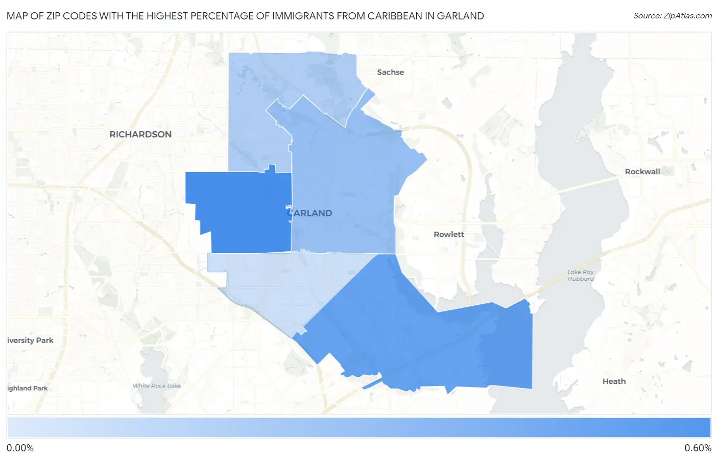 Zip Codes with the Highest Percentage of Immigrants from Caribbean in Garland Map