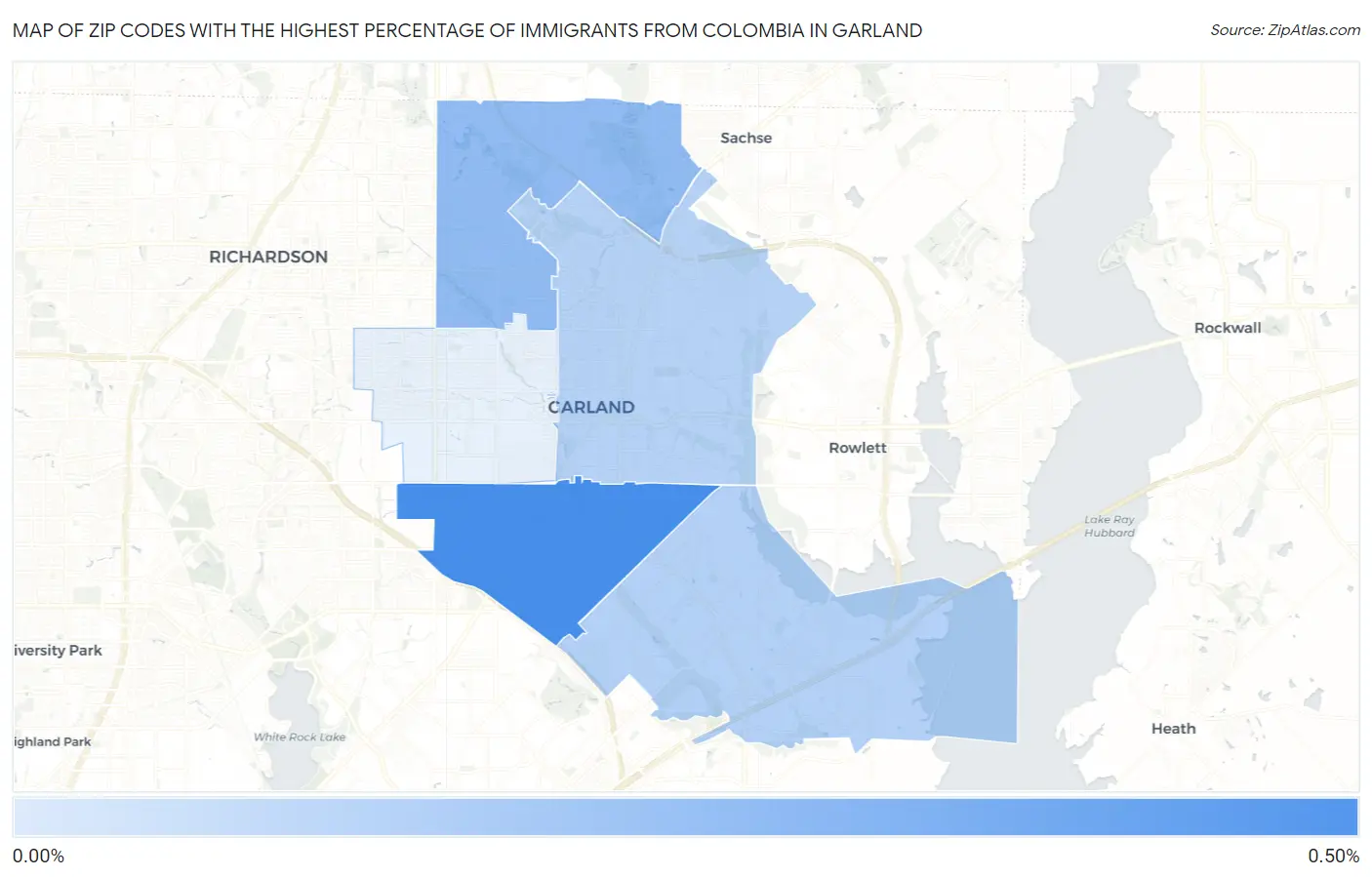Zip Codes with the Highest Percentage of Immigrants from Colombia in Garland Map