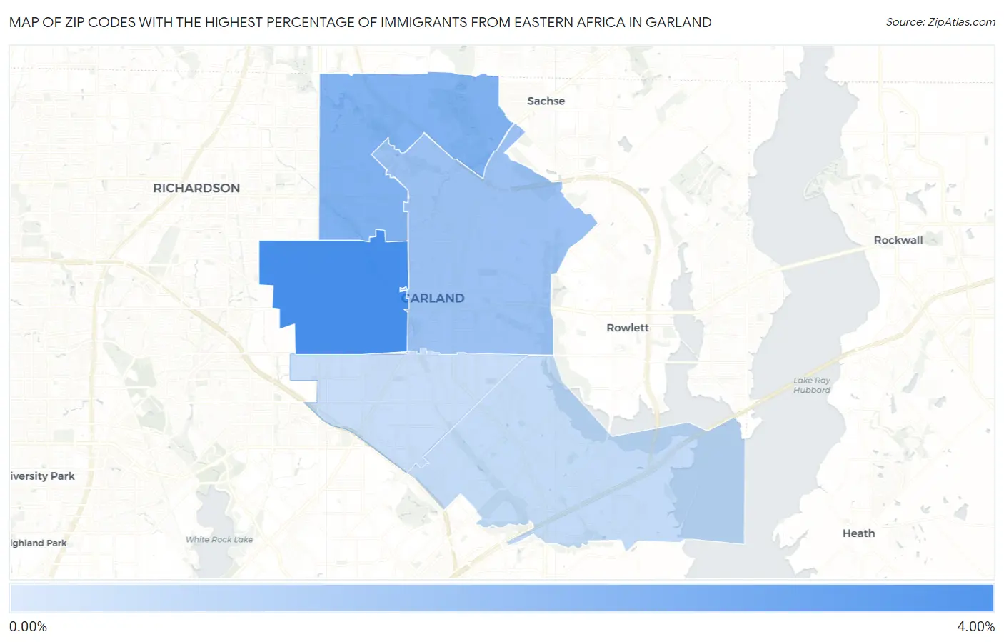 Zip Codes with the Highest Percentage of Immigrants from Eastern Africa in Garland Map