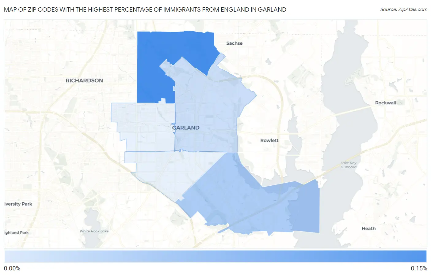 Zip Codes with the Highest Percentage of Immigrants from England in Garland Map