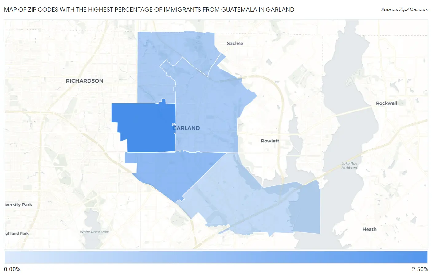 Zip Codes with the Highest Percentage of Immigrants from Guatemala in Garland Map