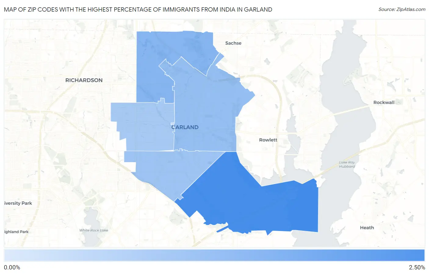 Zip Codes with the Highest Percentage of Immigrants from India in Garland Map