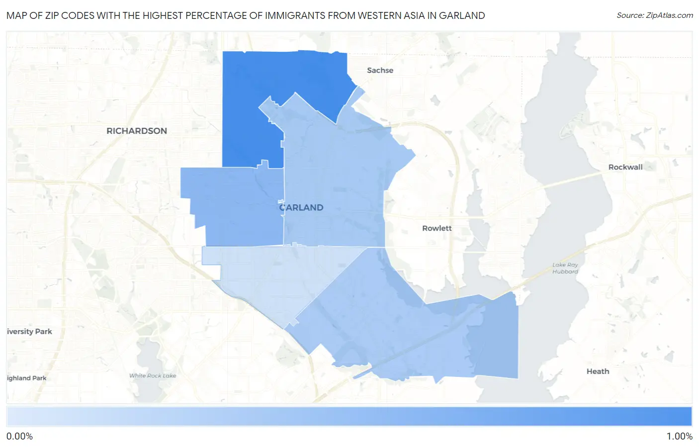 Zip Codes with the Highest Percentage of Immigrants from Western Asia in Garland Map